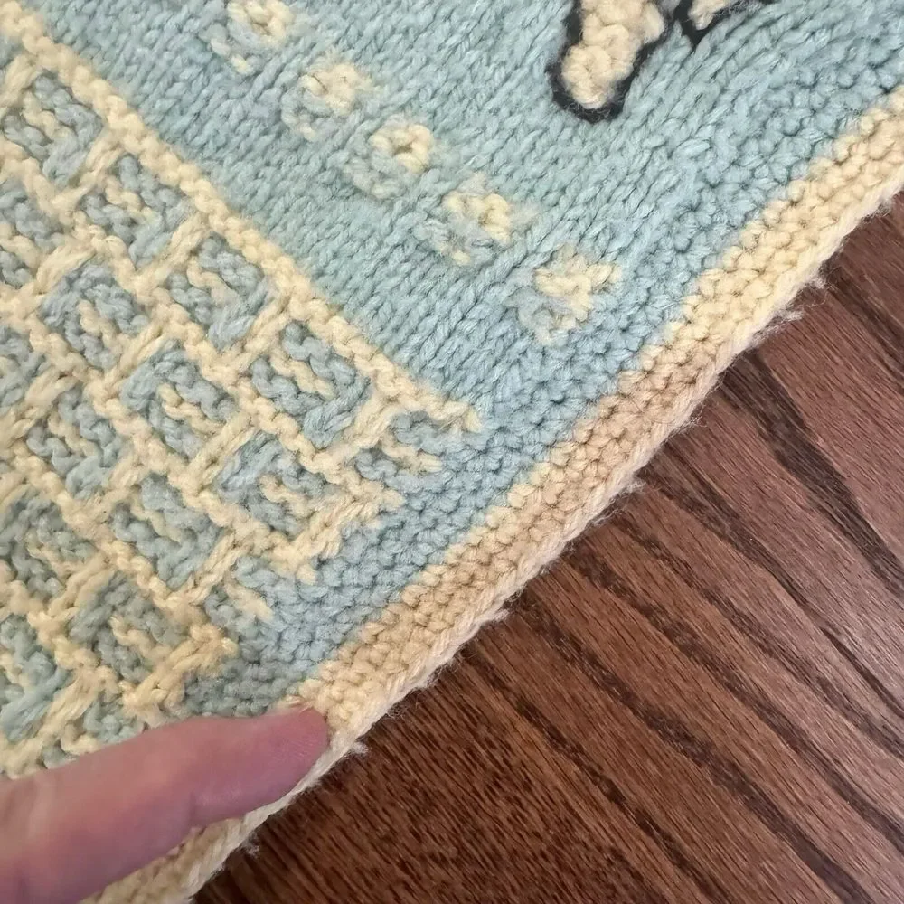 Vtg Crocheted Baby Afghan Blanket Blue Cream Bunny Elephant Animal Nursery Decor